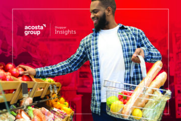 Man selects fruit and vegetables from produce section of grocery store.