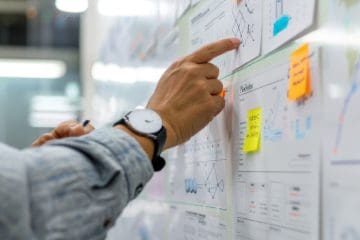 Man's hand pointing at a whiteboard with notes in a corporate office